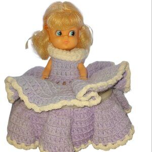 Vintage 9" Kewpie Doll Handmade Purple Crocheted Dress with Surprise Storage
